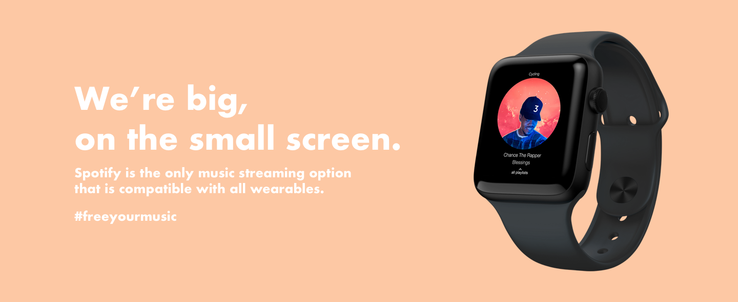a digital ad for spotify go featuring the smart watch view of the app paired with the text 'we are big on the small screen'